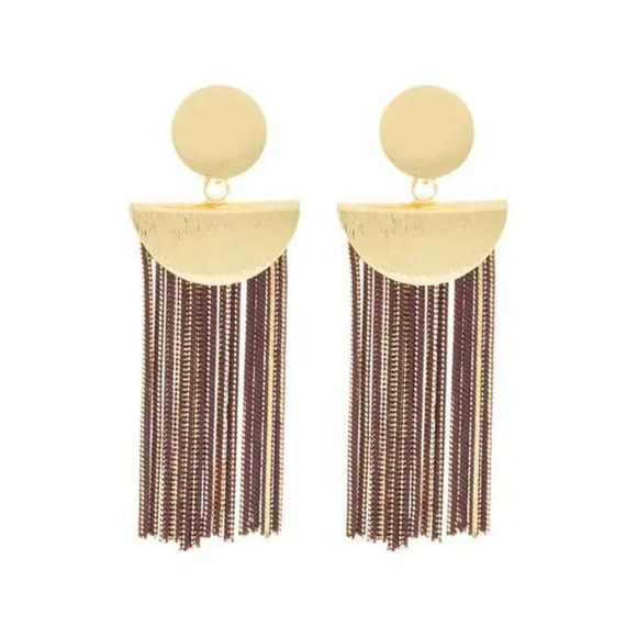 Natasha Gold-Tone Brown Metallic Textured Fringe Drop Post Earrings - Picture 3 of 3